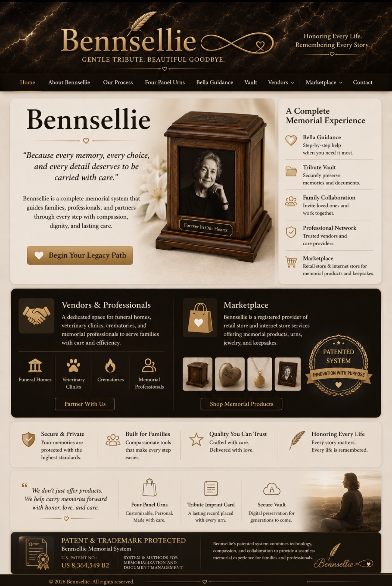 Bennsellie memorial services landing page featuring a human memorial urn, vendors and professionals, marketplace, secure vault, and patent information.