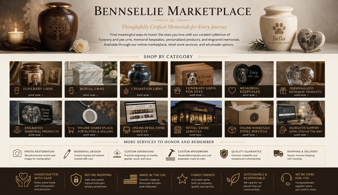 Bennsellie Marketplace preview showing funerary urns, burial urns, cremation urns, pet urns, memorial keepsakes, personalized memorial products, engraved memorial products, retail, wholesale, marketplace, and support services.