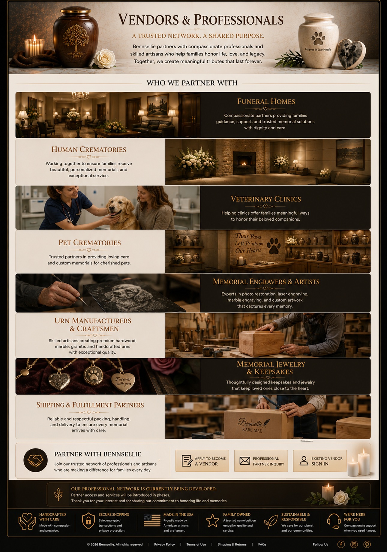 Bennsellie Vendors and Professionals page featuring funeral homes, human crematories, veterinary clinics, pet crematories, engravers, urn makers, memorial jewelry, and fulfillment partners.