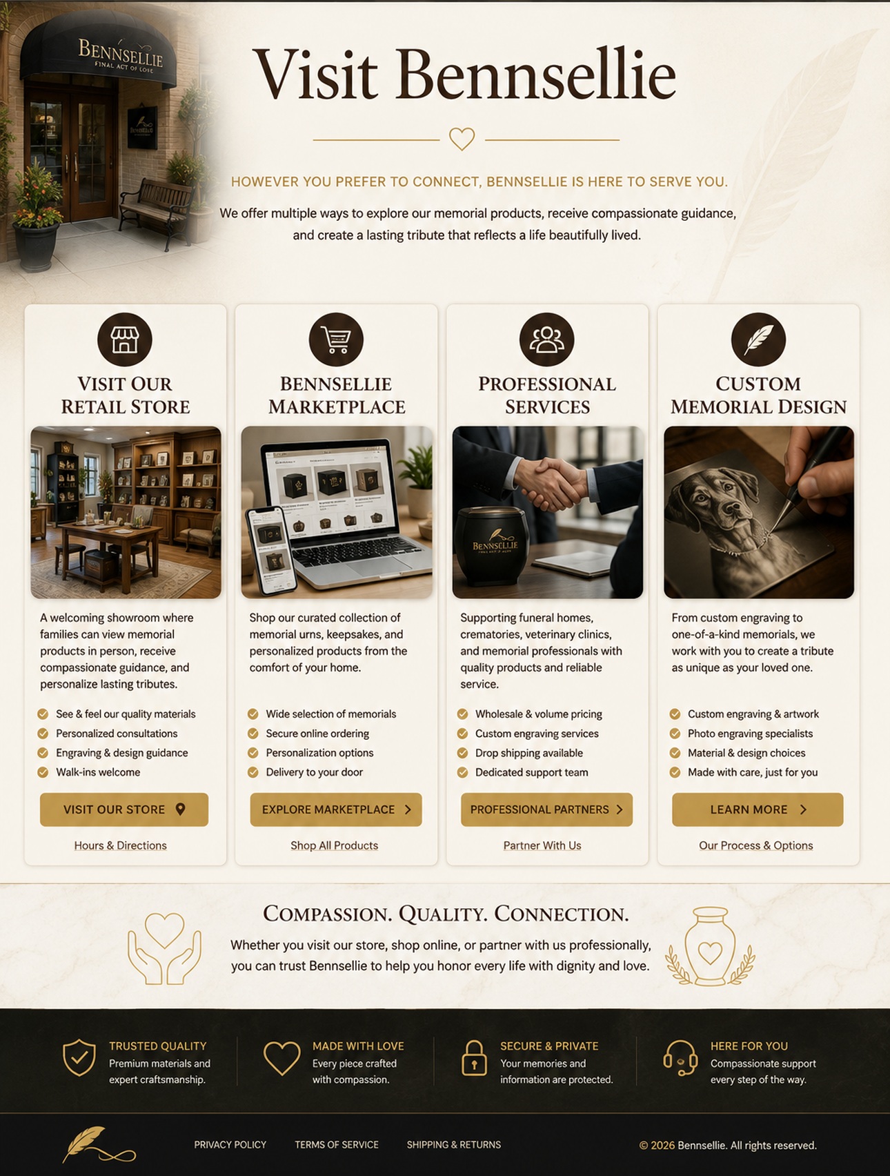 Visit Bennsellie page showing the retail store, Bennsellie Marketplace, professional services, and custom memorial design.